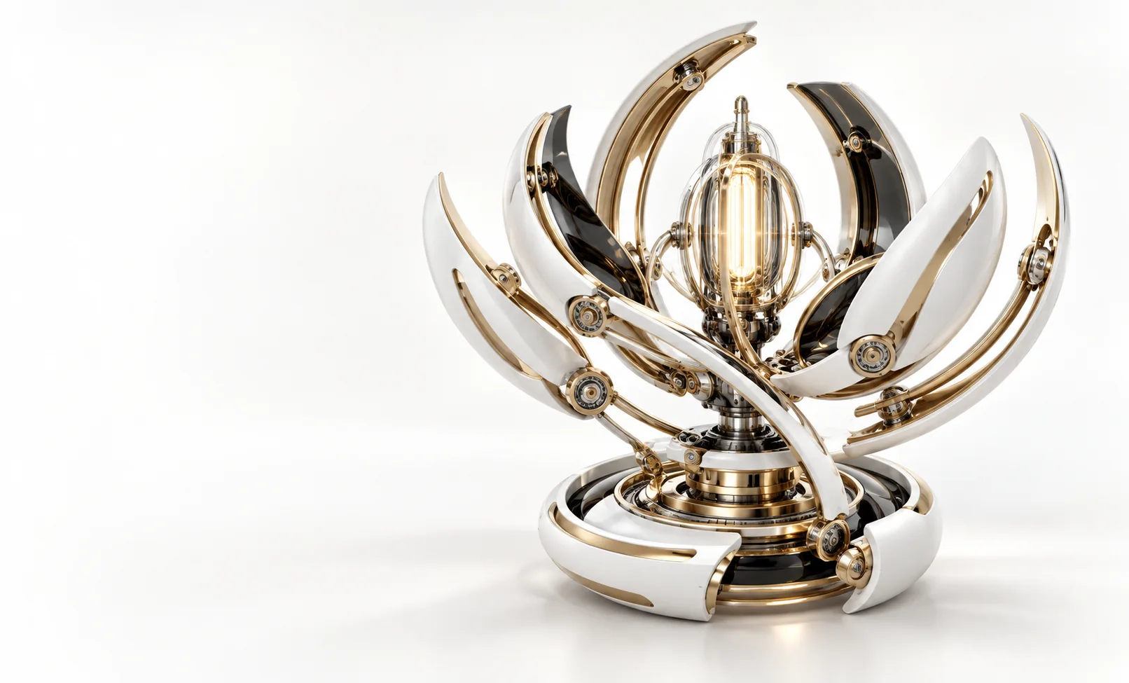An original white, black and gold precision mechanism opening around a luminous engineered core